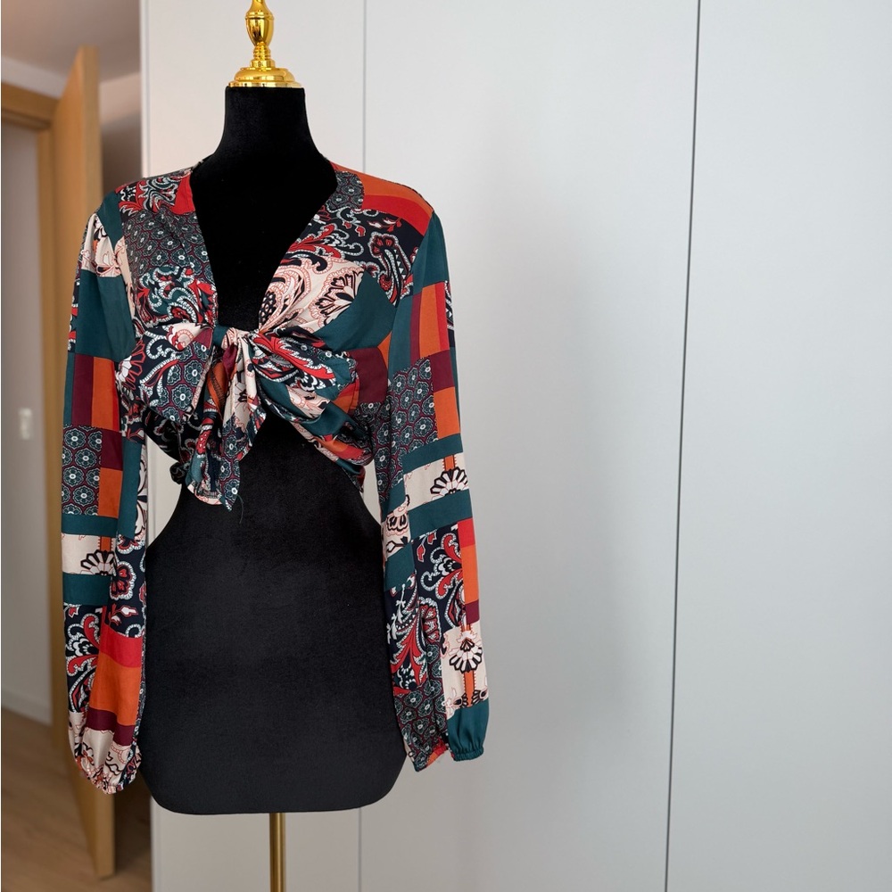 Boohoo Plus Teal & Rust Patchwork Tie-Front Crop … - image 1